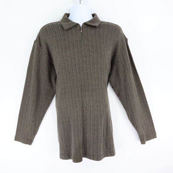 Perry Ellis Sweater 1/4 Zip Tight-Knit Mens L Brown Herringbone 100% Cotton Soft - Picture 1 of 6